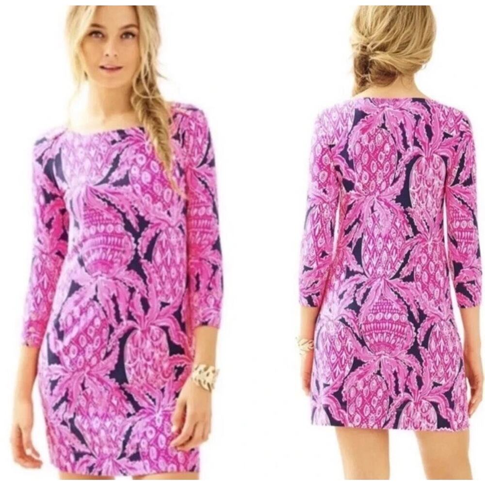Lilly Pulitzer Womens Sophie Dress Size Med Pink Navy‎ Pineapple Preppy Island